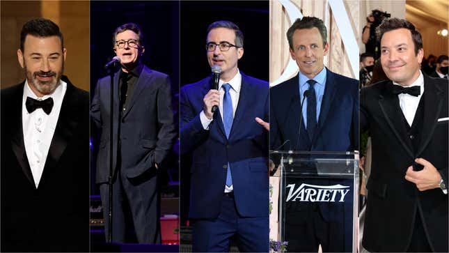 (LR): Jimmy Kimmel, Stephen Colbert, John Oliver, Seth Meyers, Jimmy Fallon